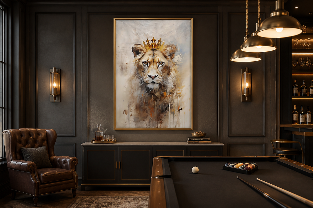 Lioness queen with gold crown framed canvas wall art in a dark, sophisticated office setting.