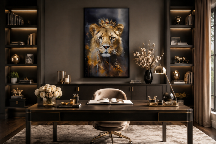 Framed canvas wall art of a lioness queen with a gold crown in a dark, modern office setting.