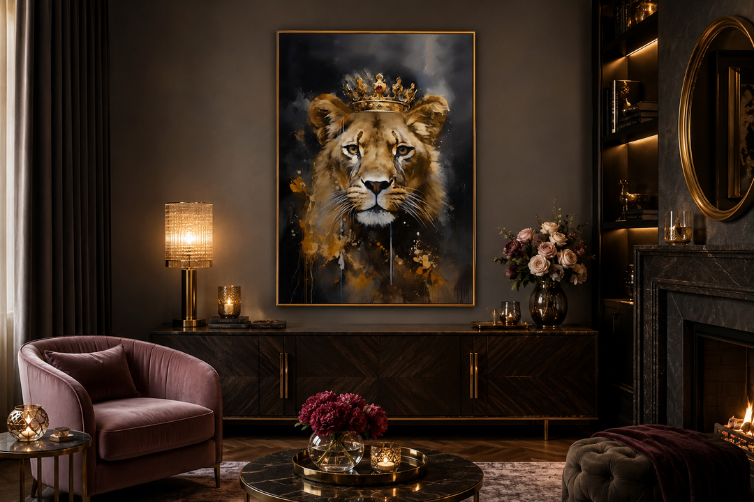 Framed canvas wall art of a lioness wearing a gold crown in a dark, elegant living room setting.