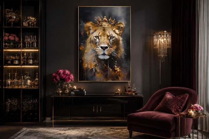 Framed canvas wall art of a lioness wearing a gold crown in a dark, modern room setting.