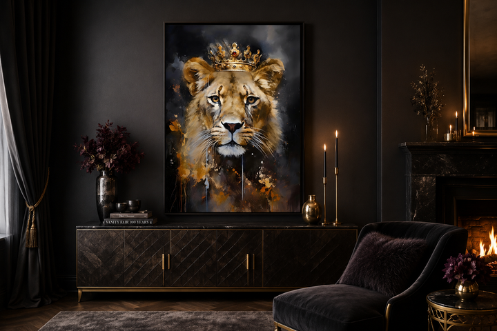 Framed canvas wall art of a lioness wearing a gold crown in a dark, modern living room setting.