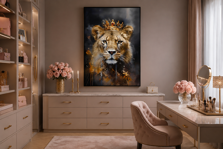 Framed canvas wall art of a lioness wearing a gold crown in a modern office or dressing room.