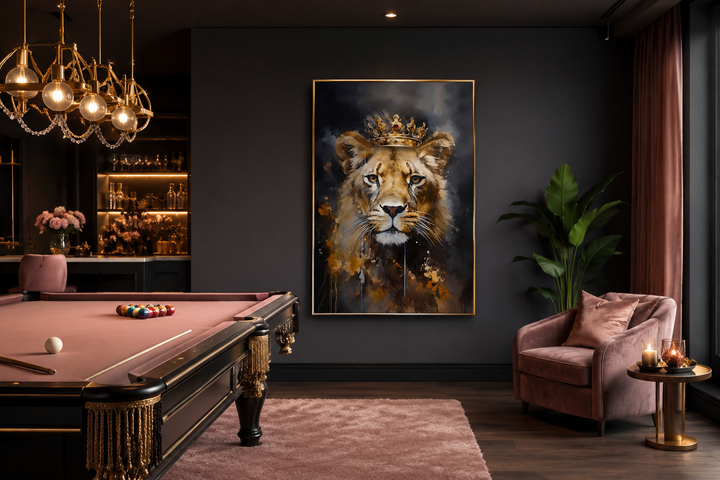 Framed canvas wall art of a lioness wearing a gold crown in a dark, modern game room setting.