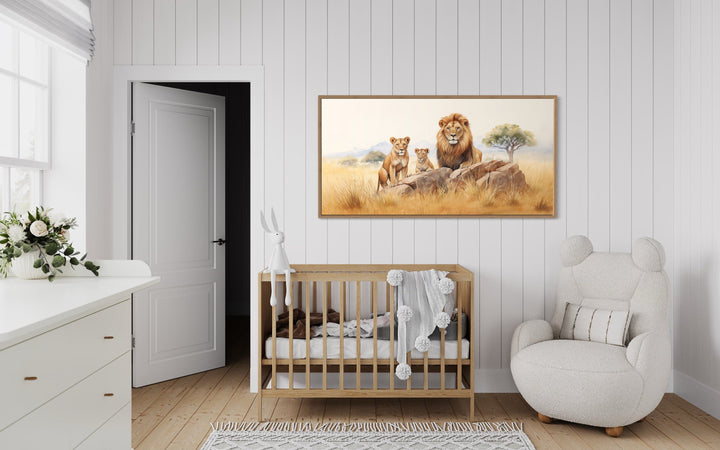 Lions Family In Savanna Watercolor Framed Canvas Wall Art