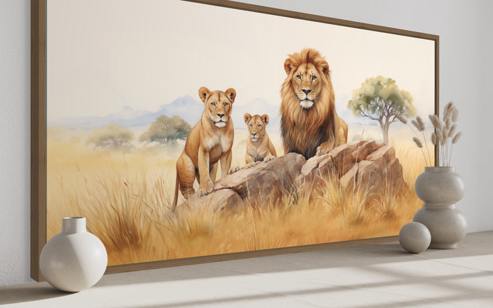 Lions Family In Savanna Watercolor Framed Canvas Wall Art