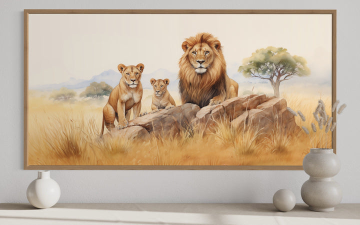 Lions Family In Savanna Watercolor Framed Canvas Wall Art