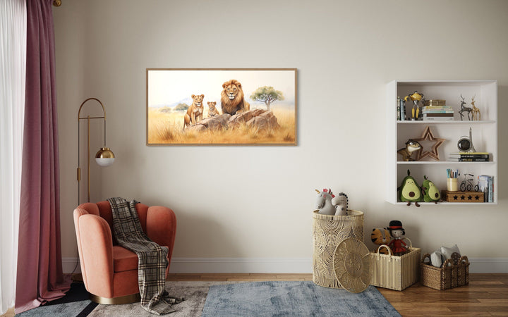 Lions Family In Savanna Watercolor Framed Canvas Wall Art