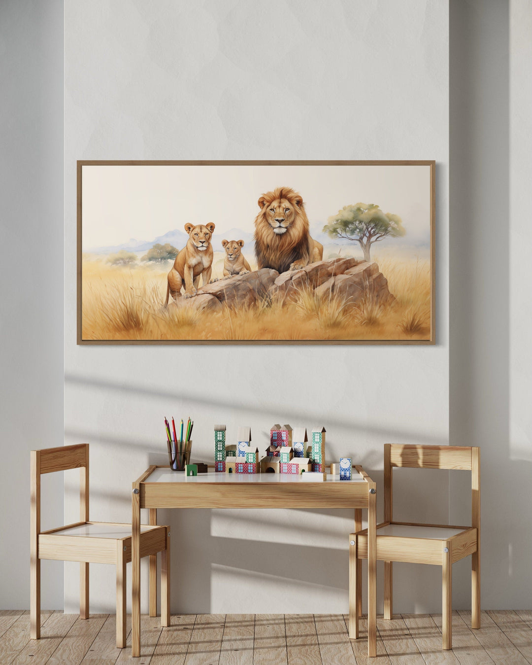 Lions Family In Savanna Watercolor Framed Canvas Wall Art