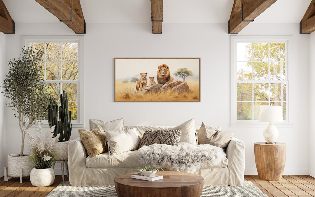 Lions Family In Savanna Watercolor Framed Canvas Wall Art