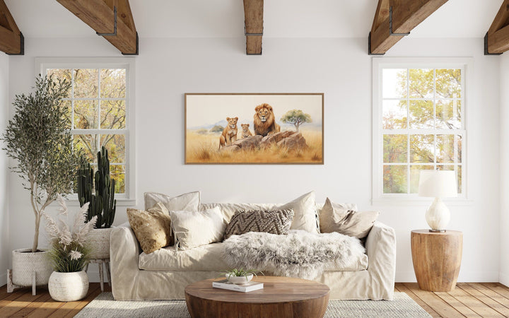 Lions Family Wall Art – Watercolor Canvas Art | Framed Wildlife Print for Nursery