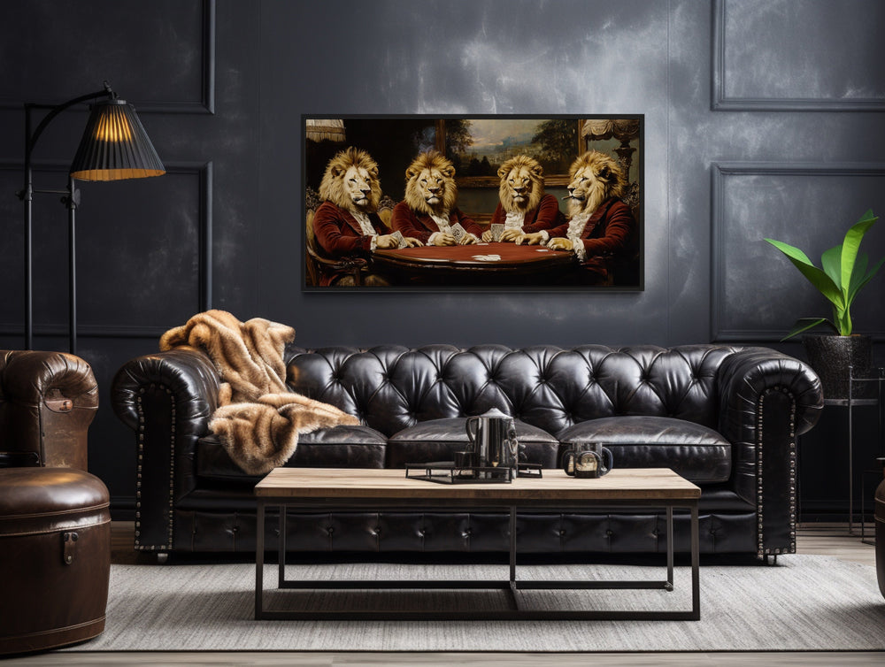 Lions In Suits Playing Poker Smoking Cigars Man Cave Framed Canvas Wall Art in a living room filled with furniture