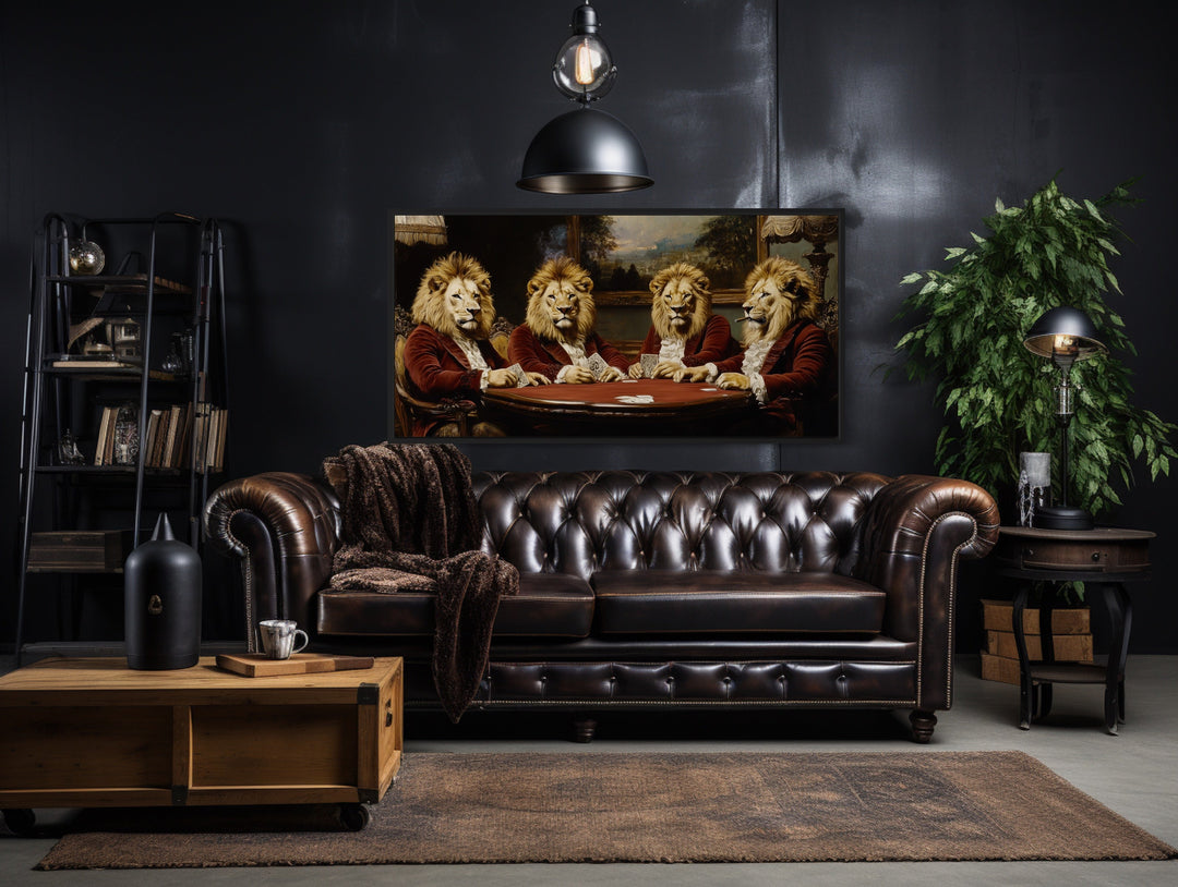 Lions In Suits Playing Poker Smoking Cigars Man Cave Framed Canvas Wall Art