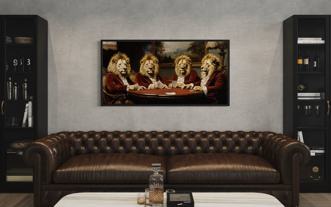 Lions In Suits Playing Poker Smoking Cigars Man Cave Framed Canvas Wall Art