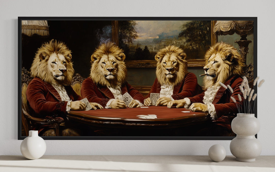 Lions In Suits Playing Poker Smoking Cigars Man Cave Framed Canvas Wall Art