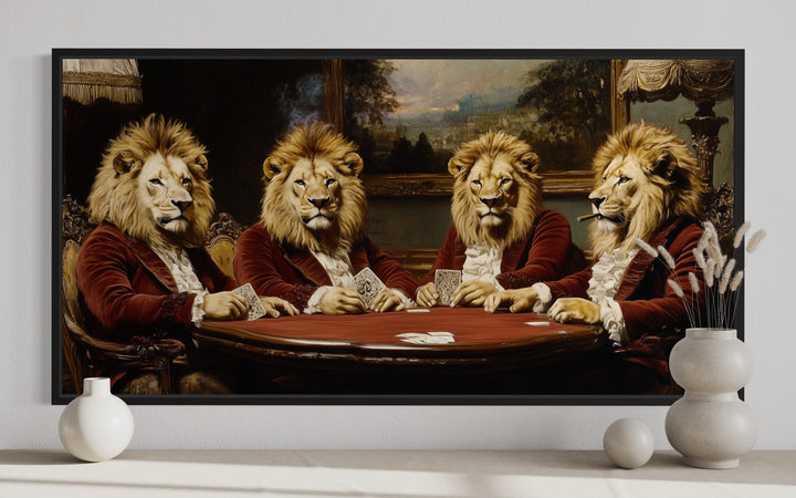 Lions In Suits Playing Poker Smoking Cigars Man Cave Framed Canvas Wall Art