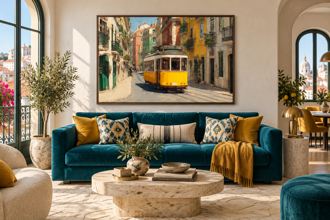 Colorful Lisbon street canvas wall art featuring a yellow tram above a teal sofa in a living room.