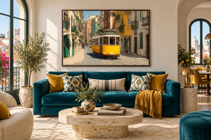 Colorful Lisbon street canvas wall art featuring a yellow tram above a teal sofa in a living room.