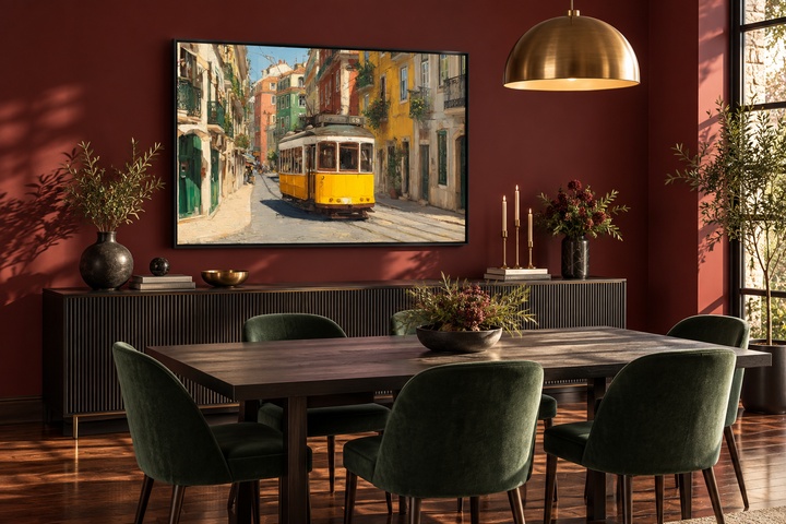 Colorful Lisbon street scene canvas wall art with a yellow tram in a modern dining room setting.