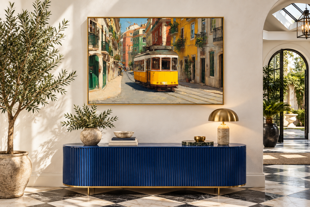 Framed canvas art of a yellow Lisbon tram on a colorful street above a blue fluted console table.