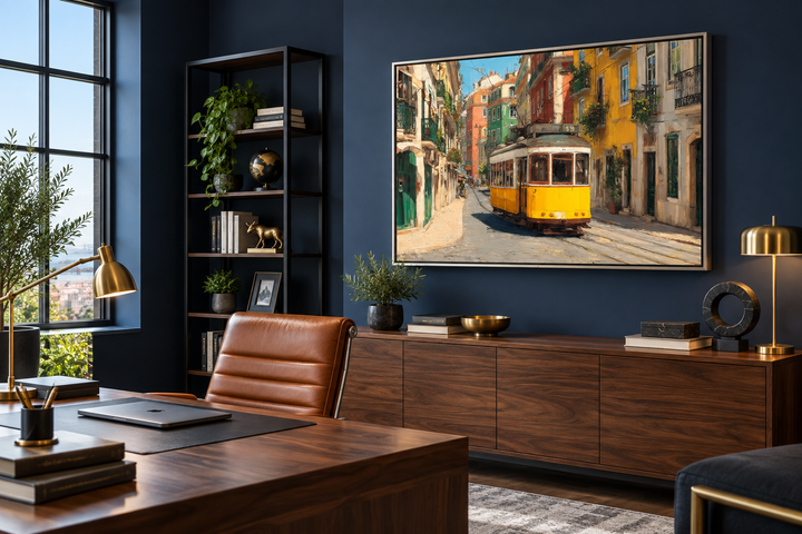 Framed canvas wall art of a yellow Lisbon tram on a colorful street in a modern home office.