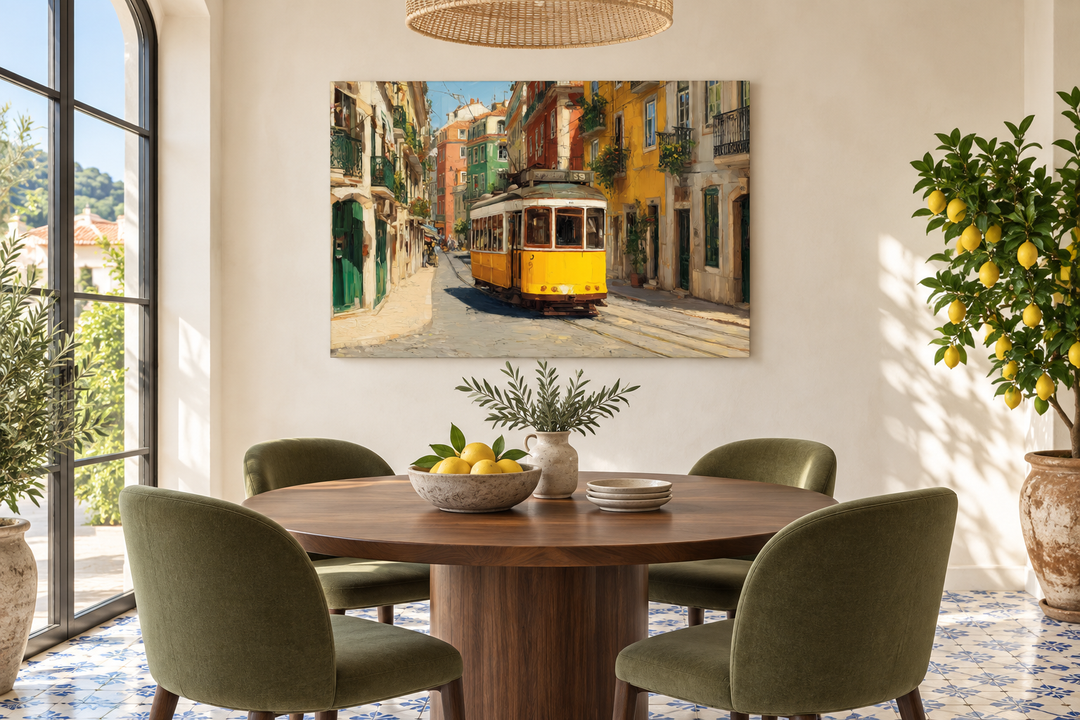 Colorful Lisbon street canvas art with a yellow tram in a Mediterranean-style dining room.