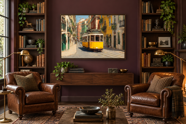 Framed canvas art of a yellow Lisbon tram on a colorful street in a cozy, dark-walled library.
