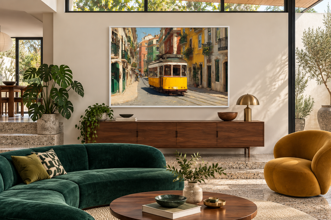Framed canvas wall art of a yellow Lisbon tram on a colorful sunlit Portuguese street.