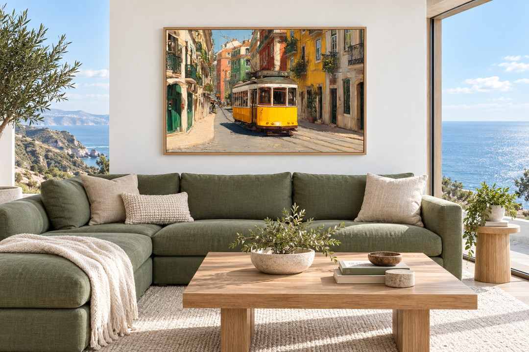 Colorful Lisbon street scene canvas wall art with a yellow tram above a green sectional sofa.