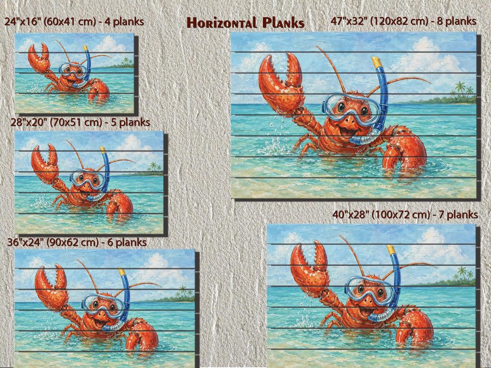 Lobster wall art on horizontal wood planks in five sizes featuring a lobster with a snorkel mask.