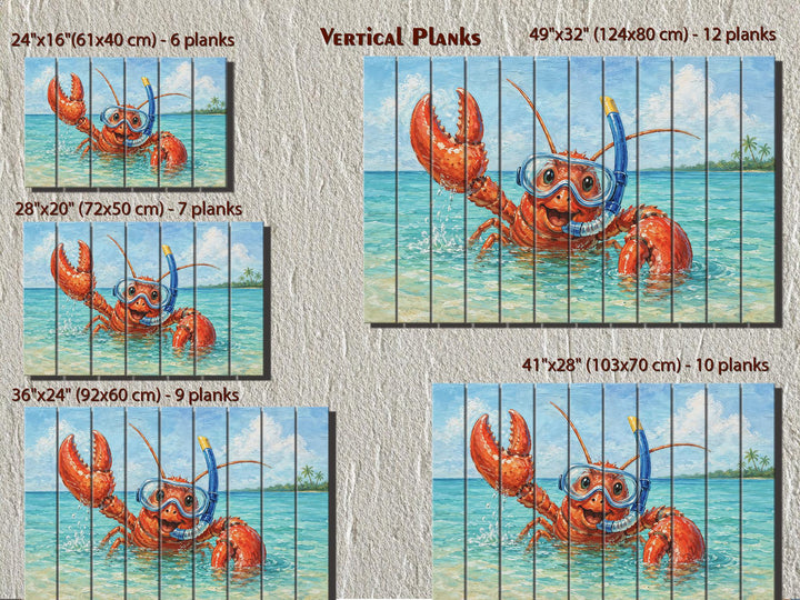 A whimsical lobster snorkeling in the ocean, printed on vertical wood planks in five size options.