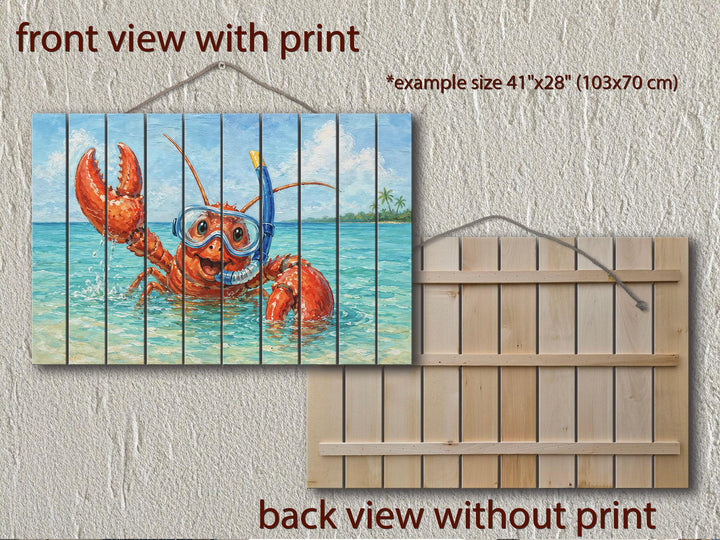 A whimsical lobster wall art print on a distressed wood panel with a rope hanger.