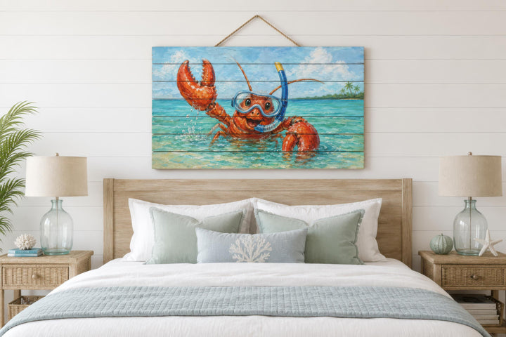 A whimsical lobster wearing a snorkel and goggles on a distressed wood panel above a bed.