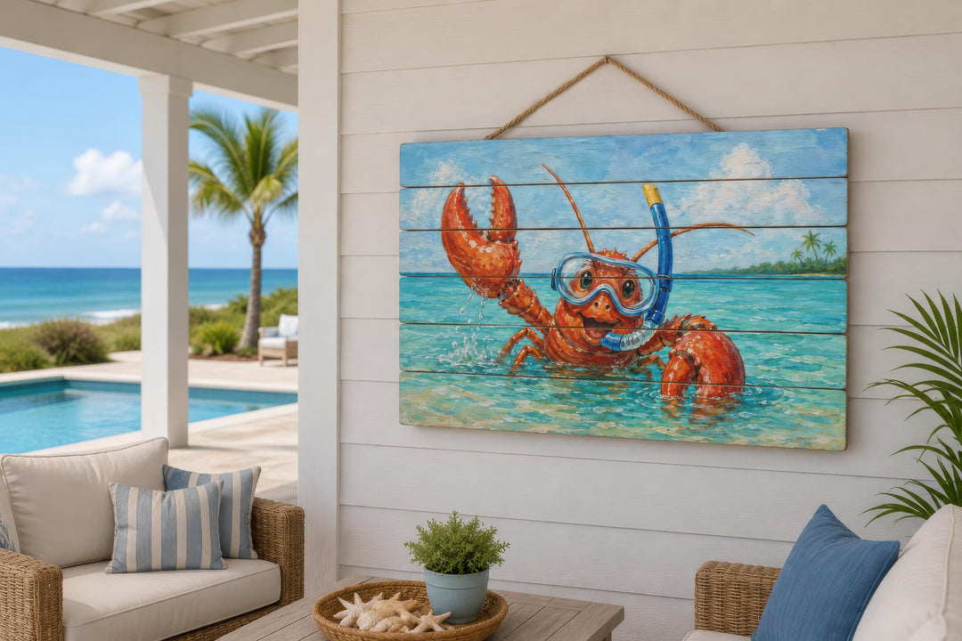 A whimsical lobster in snorkeling gear is printed on a horizontal distressed wood panel.