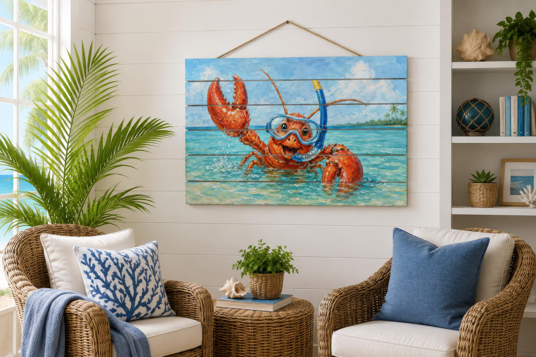 A whimsical lobster snorkeling painting on a distressed wood panel in a coastal living room.