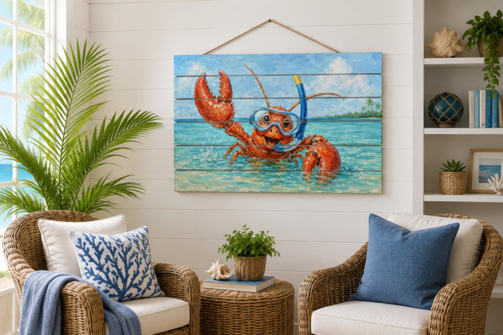 A whimsical lobster snorkeling painting on a distressed wood panel in a coastal living room.