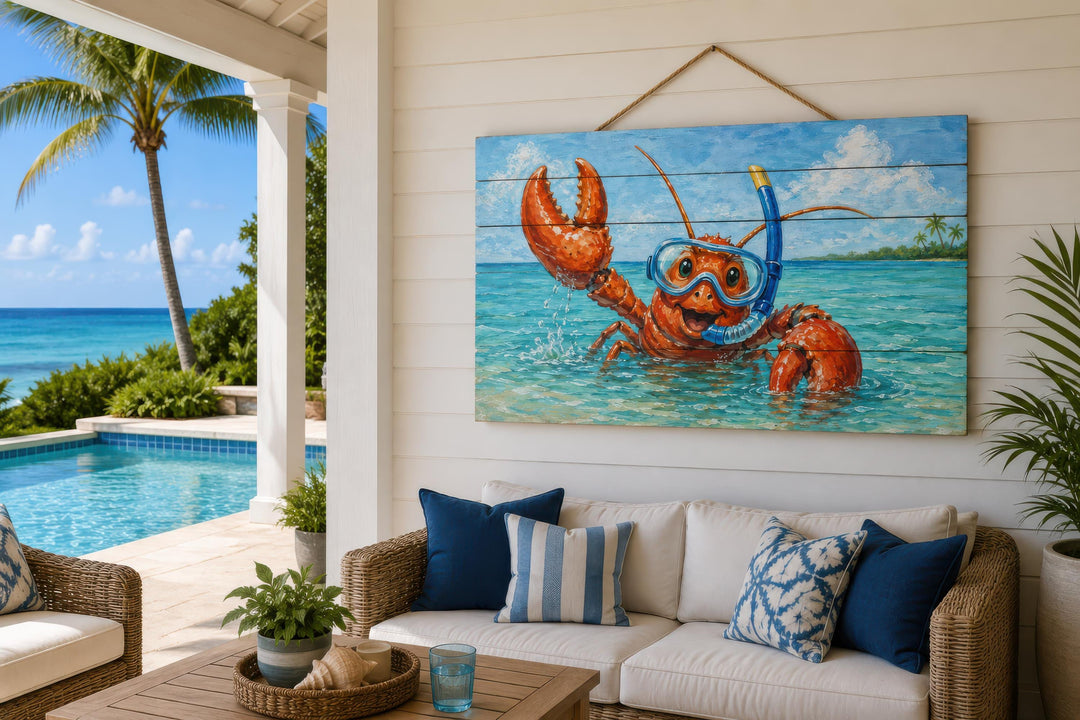 A whimsical lobster snorkeling painting on a distressed wood panel hangs in a coastal living room.