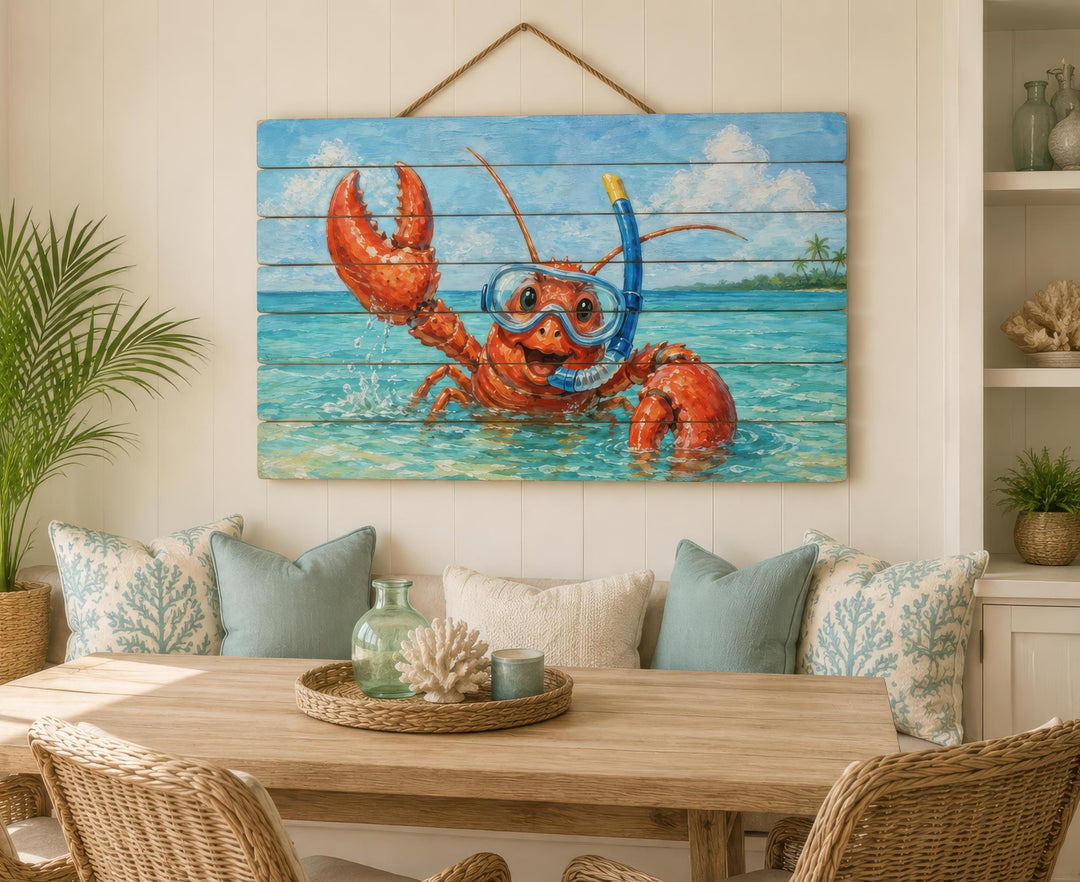 A whimsical lobster wearing a snorkel mask is printed on a distressed wood panel in a coastal room.