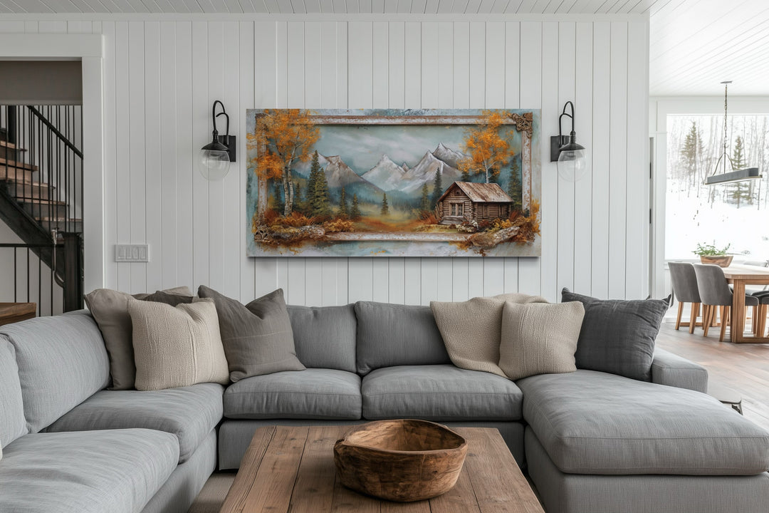 Log Cabin In The Mountains In Autumn Rustic Framed Canvas Wall Art