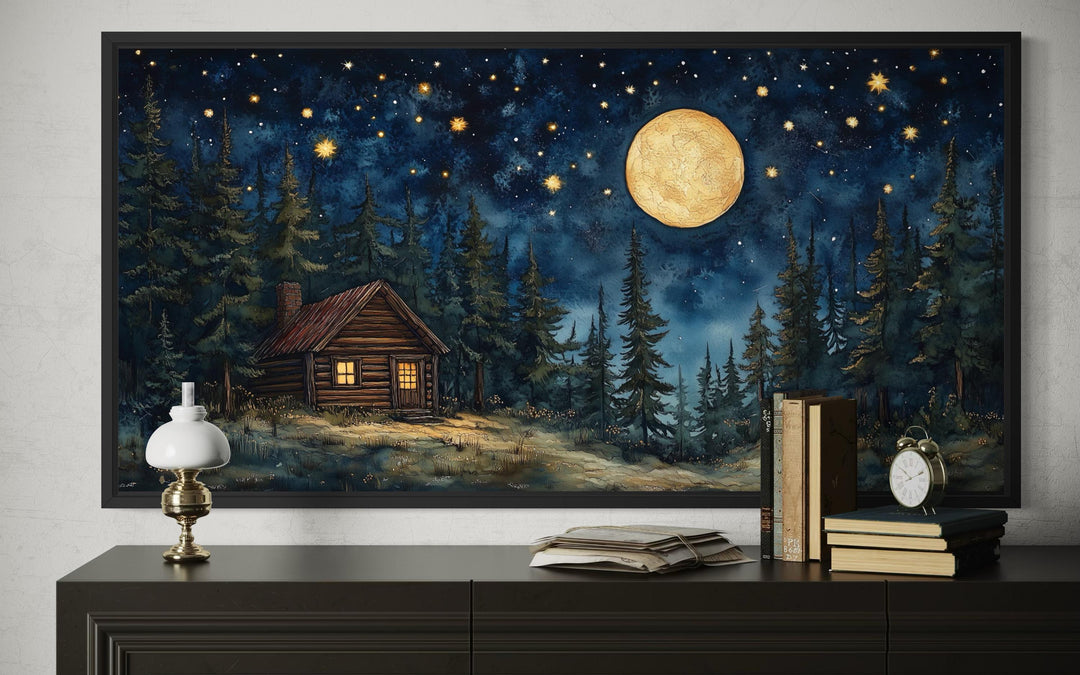 Log Cabin in the Moonlit Woods canvas wall art featuring a rustic cabin under a starry night sky.