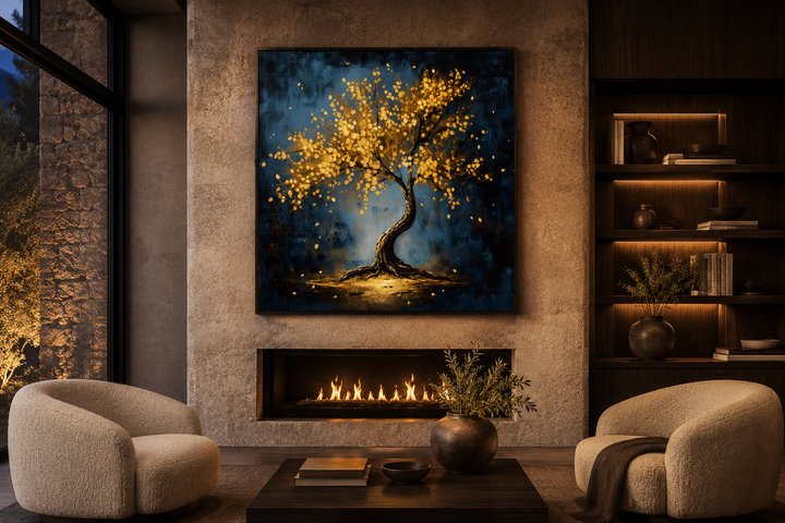 Framed canvas wall art of a lonely tree with golden leaves above a fireplace in a modern room.