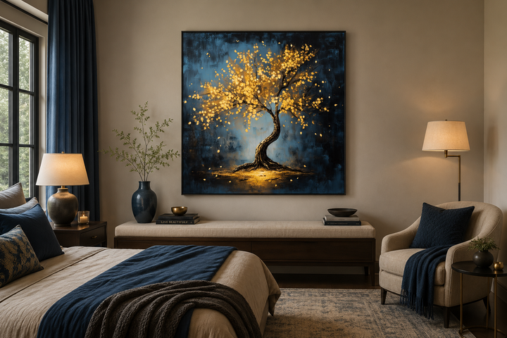 Lonely magical tree with golden leaves framed canvas wall art hanging in a modern bedroom.