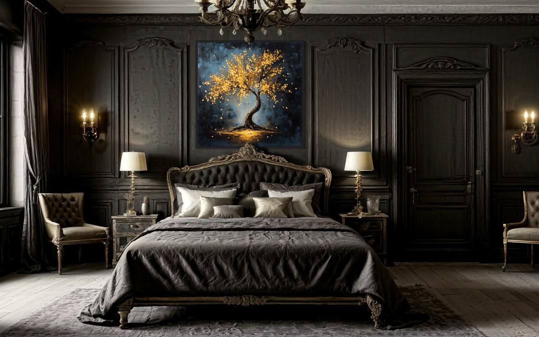 Lonely Magical Tree With Golden Leaves Framed Canvas Wall Art hanging above a bed in a dark bedroom.