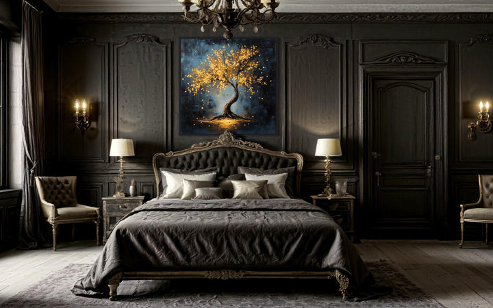Lonely Magical Tree With Golden Leaves Framed Canvas Wall Art hanging above a bed in a dark bedroom.
