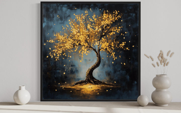 Lonely Magical Tree With Golden Leaves Framed Canvas Wall Art