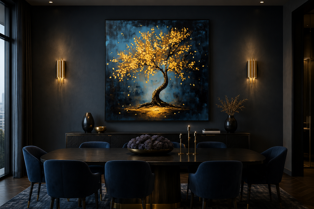 Lonely magical tree with golden leaves framed canvas wall art displayed in a dark dining room.