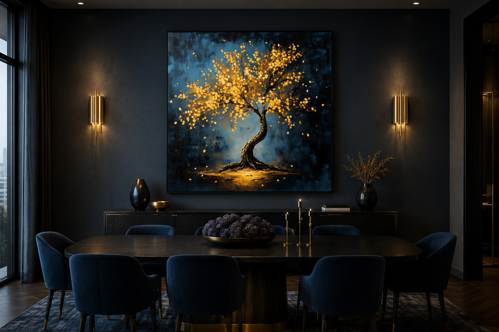 Lonely magical tree with golden leaves framed canvas wall art displayed in a dark dining room.