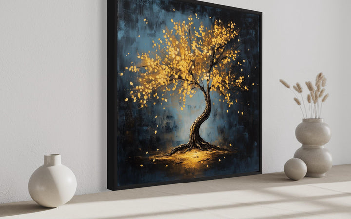 Lonely Magical Tree With Golden Leaves Framed Canvas Wall Art