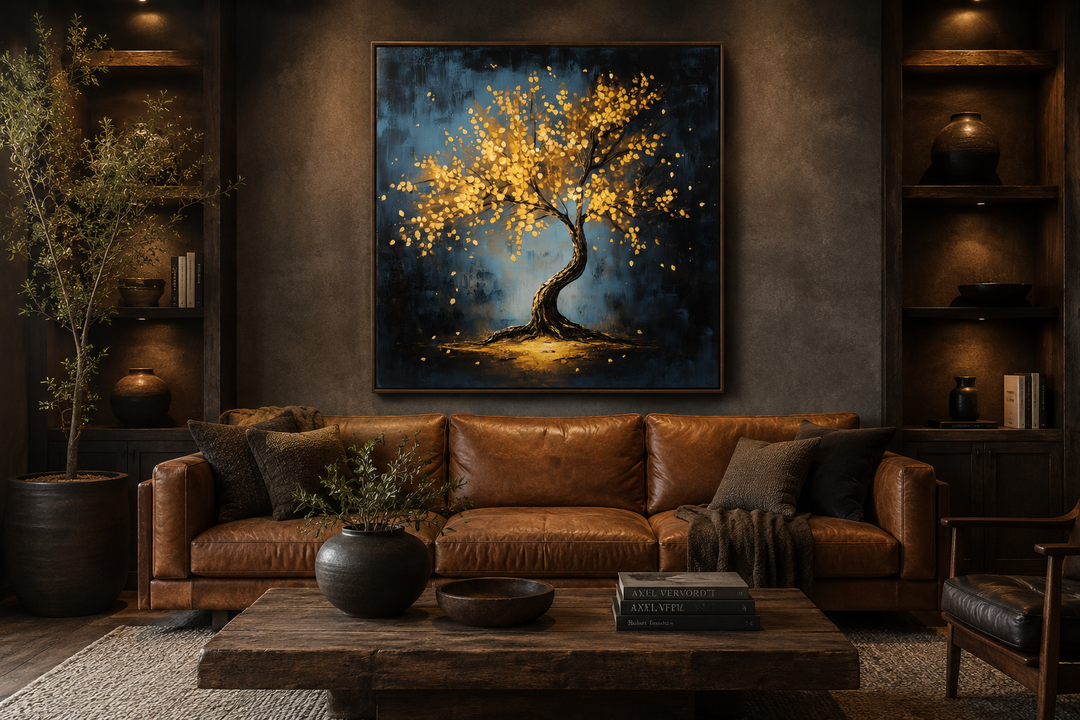 Framed canvas wall art of a lonely tree with golden leaves in a dark, moody living room setting.