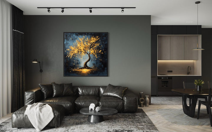 Lonely Magical Tree With Golden Leaves Framed Canvas Wall Art