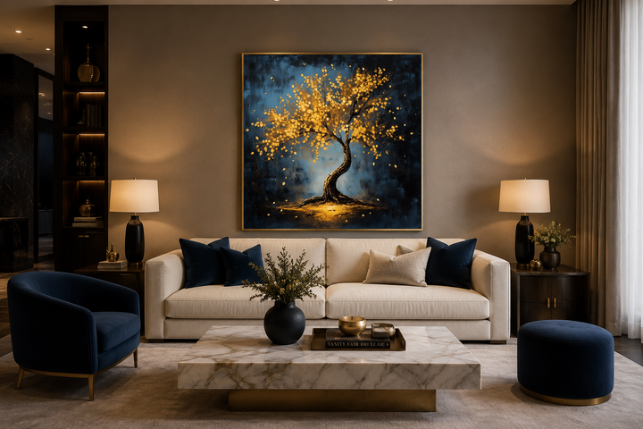 Framed canvas wall art of a lonely tree with shimmering golden leaves against a dark blue backdrop.